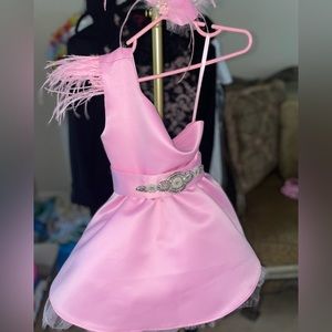 Custom Barbie girl pink party dress with feathers and 2 detachable belts